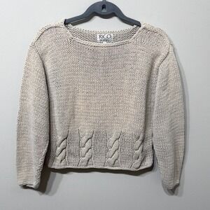 Rico Women S/M Oatmeal Beige 100% Cotton Chunky Cable Knit Boat Neck Sweater